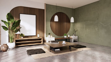 Japandi style living room with plants and minimalist furniture