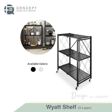 Qoncept Furniture Wyatt 3-Layer Foldable Metal Shelving Storage Organizer with Wheels