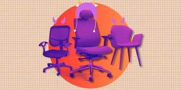 Gemini said Three purple office chairs with devil horns on an orange circle, representing poor ergonomic seating.