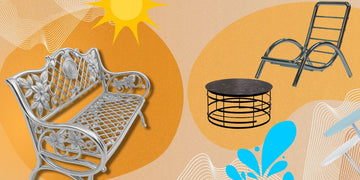 collage of a garden bench and chairs for a guide on cleaning metal furniture.