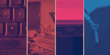 A collage of home office tasks: cleaning a keyboard, sorting paper stacks, adjusting a desk, and DIY repairs.