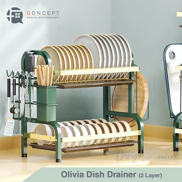 QONCEPT HOMEWARE Olivia 2-Layer Dish Drainer Organizer Green and Gold